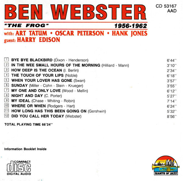 Ben Webster With: Art Tatum, Oscar Peterson, Hank Jones - Guest: Harry Edison : "The Frog" - 1956 - 1962 (CD, Comp)
