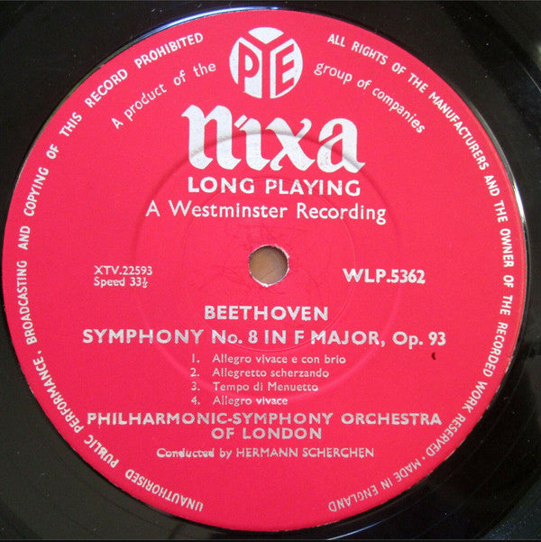 Ludwig van Beethoven / Philharmonic Symphony Of London - Conductor Hermann Scherchen : Symphony No. 2 In D Major, Op. 36 / Symphony No. 8 In F Major, Op. 93 (LP, Album, Mono)
