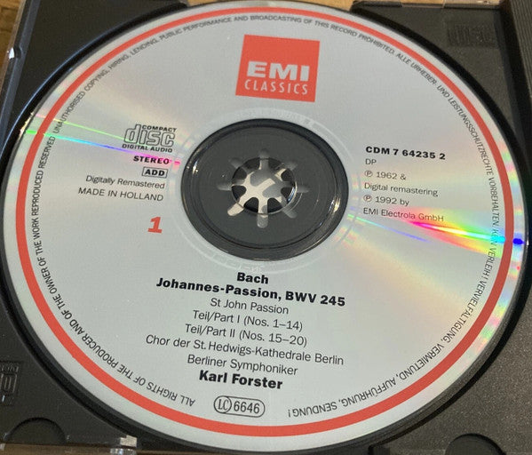 Johann Sebastian Bach - Fritz Wunderlich · Dietrich Fischer-Dieskau · Elisabeth Grümmer · Christa Ludwig · Josef Traxel · Karl Kohn · Chor Der St. Hedwigs-Kathedrale Berlin · Berliner Symphoniker · Karl Forster : Johannes-Passion (2xCD, Album, RE, RM)