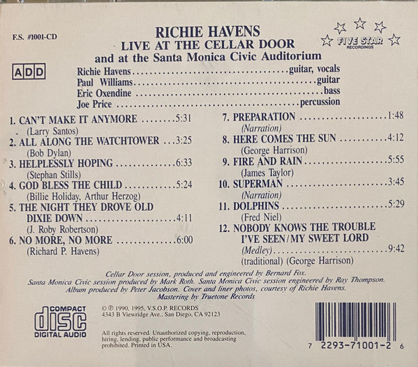 Richie Havens : Live At The Cellar Door And The Santa Monica Civic Auditorium (CD, Album, RE)