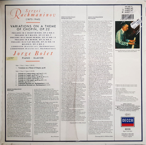 Sergei Vasilyevich Rachmaninoff, Jorge Bolet : Chopin Variations, 5 Preludes, Melodie, Liebesleid & Liebesfreud (LP)