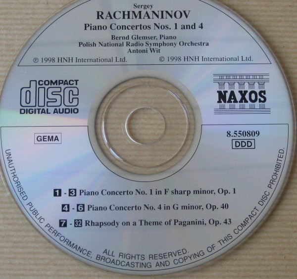 Rachmaninov* : Bernd Glemser · Polish National Radio Symphony Orchestra* · Antoni Wit : Piano Concertos Nos. 1 And 4 / Rhapsody On A Theme Of Paganini (CD)