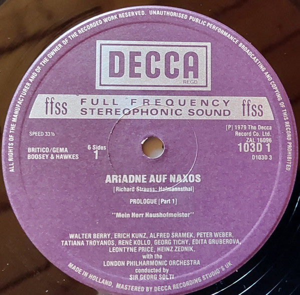 Tatiana Troyanos, Edita Gruberova, Walter Berry, Heinz Zednik, René Kollo, Leontyne Price, Georg Solti, London Philharmonic Orchestra : Ariadne Auf Naxos (3xLP, RE + Box)