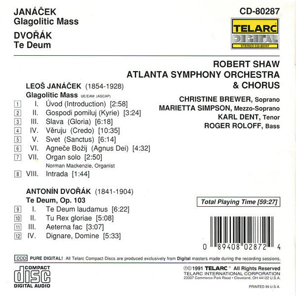 Leoš Janáček / Antonín Dvořák, Robert Shaw, Atlanta Symphony Orchestra & Atlanta Symphony Chorus : Glagolitic Mass / Te Deum (CD, Album)