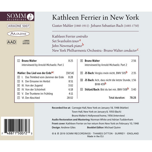 Kathleen Ferrier, Gustav Mahler, New York Philharmonic, Bruno Walter, Johann Sebastian Bach, John Newmark : Kathleen Ferrier In New York (CD, Comp)