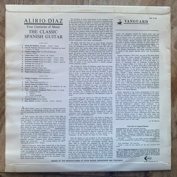 Alirio Díaz : Four Centuries Of Music For The Classic Spanish Guitar (LP, Album, Fir)