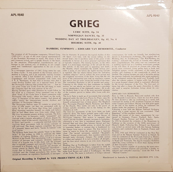 Grieg*, Bamberg Symphony* • Edouard Van Remoortel : Lyric Suite, Op. 54 / Norwegian Dances, Op. 35 / Wedding Day At Troldhaugen, Op. 65 No. 6 / Holberg Suite, Op. 40 (LP, Mono)