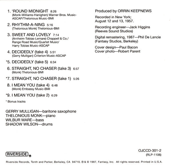 Thelonious Monk And Gerry Mulligan : Mulligan Meets Monk (CD, Album, Mono, RE, RM, DAD)