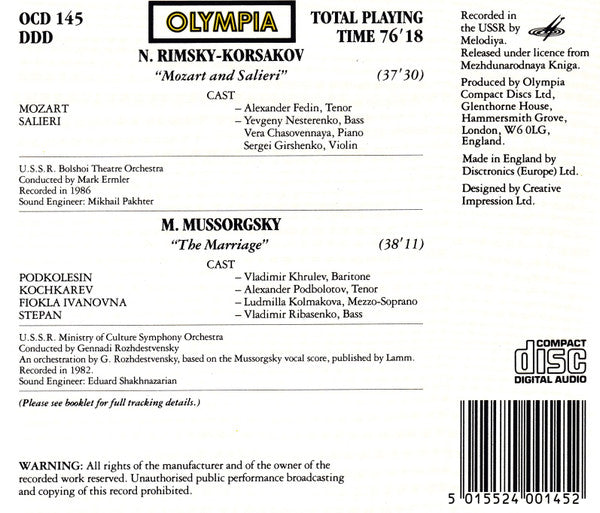 N. Rimsky-Korsakov*, M. Mussorgsky* : Mozart And Salieri / The Marriage (CD, Album, RE, RM)