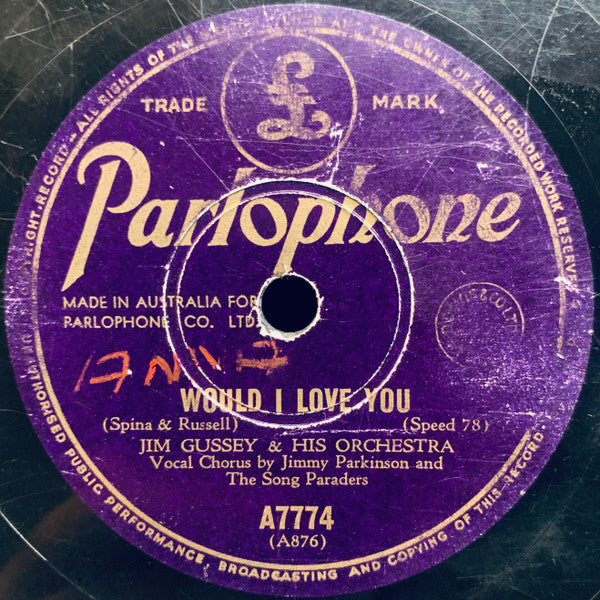 Jim Gussey & His Orchestra* : So Long / Would I Love You (Shellac, 10")