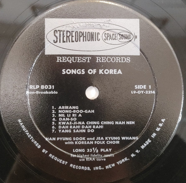 Han Pyung Sook - Jea Kyung Whang - Korean Folk Choir : Songs Of Korea (LP, Mono, Roc)