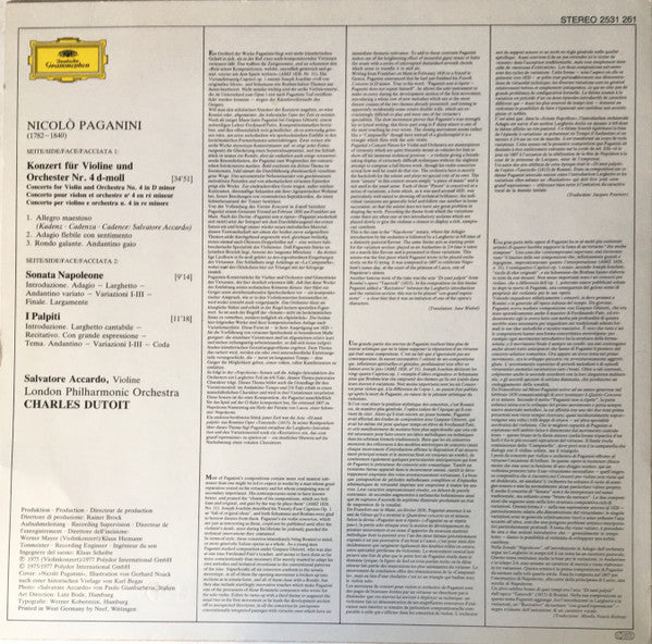 Nicolò Paganini* - Salvatore Accardo, London Philharmonic Orchestra, Charles Dutoit : Concerto Per Violino N. 4 / Sonata Napoleone / I Palpiti (LP, Album)