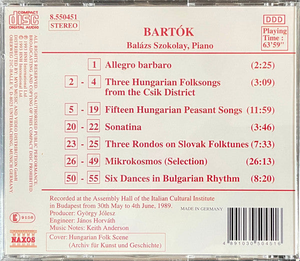 Béla Bartók, Balázs Szokolay : Mikrokosmos (Selection) / 15 Hungarian Peasant Songs / 6 Dances In Bulgarian Rhythm (CD)