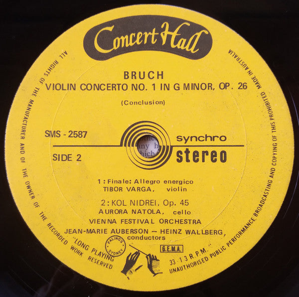Max Bruch, Tibor Varga, Aurora Natola, Wiener Festspielorchester, Jean-Marie Auberson, Heinz Wallberg : Violin Concerto No 1 / Kol Nidrei (LP, Album)