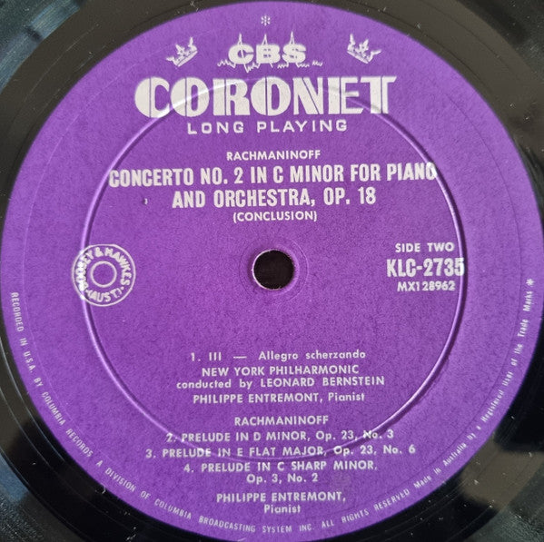Rachmaninoff* - Philippe Entremont / Leonard Bernstein and the New York Philharmonic : Concerto No. 2 / Three Preludes For Piano (LP, Album)