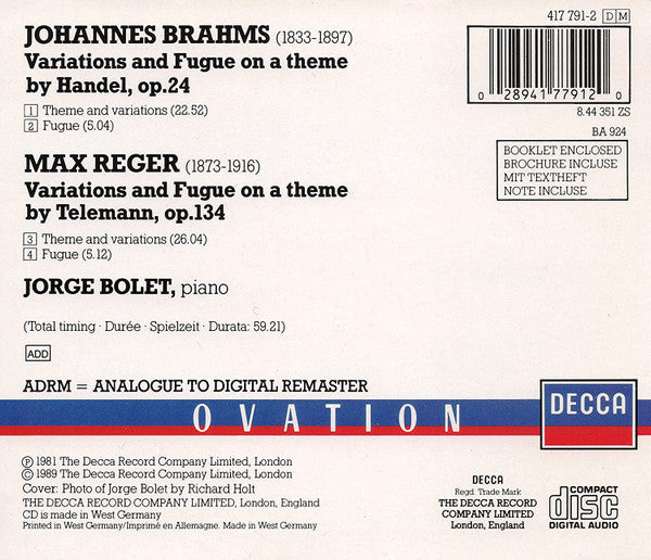 Jorge Bolet, Brahms* / Reger* : Handel Variations, Op. 24 / Telemann Variations, Op. 134 (CD, RM)