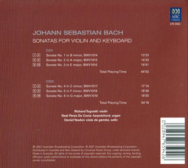 Tognetti*, Bach* : Sonatas For Violin And Keyboard (2xCD, Album)