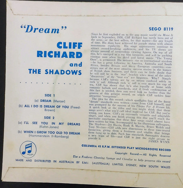 Cliff Richard & The Shadows : Dream (7", EP, Mono)