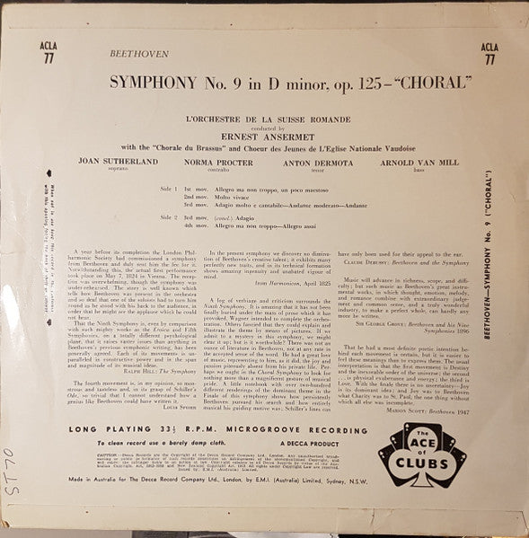 Ludwig Van Beethoven, Joan Sutherland, Norma Procter, Anton Dermota, Arnold van Mill, Chorale Du Brassus, Chœur Des Jeunes De L'Église National Vaudoise, L'Orchestre De La Suisse Romande, Ernest Ansermet : Choral Symphony (Symphony No.9 In D Minor) (LP, Mono)