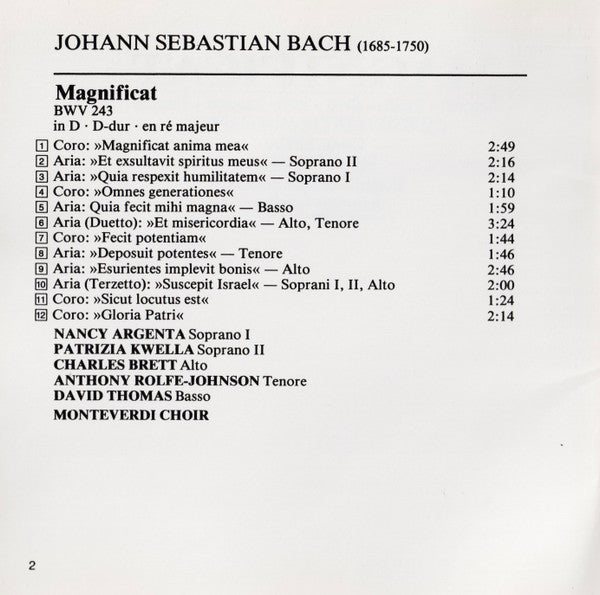 J.S. Bach*, Argenta*, Kwella*, Brett*, Rolfe-Johnson*, Thomas*, Emma Kirkby, Monteverdi Choir*, English Baroque Soloists*, John Eliot Gardiner : Magnificat / "Jauchzet Gott In Allen Landen" (CD, Album, RE)