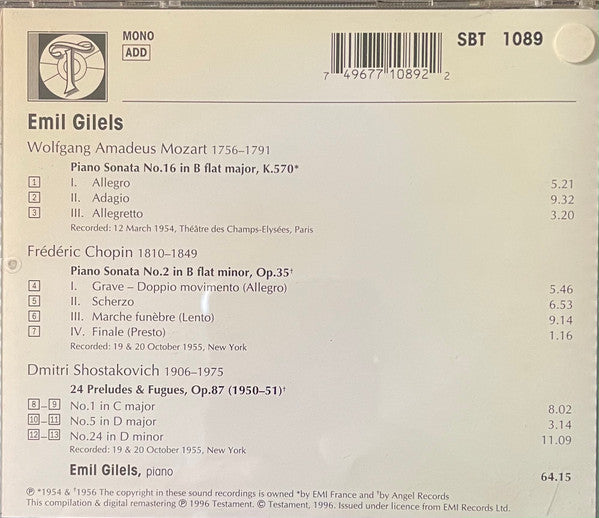 Emil Gilels : Mozart. Chopin. Shostakovich (CD, Comp, Mono)
