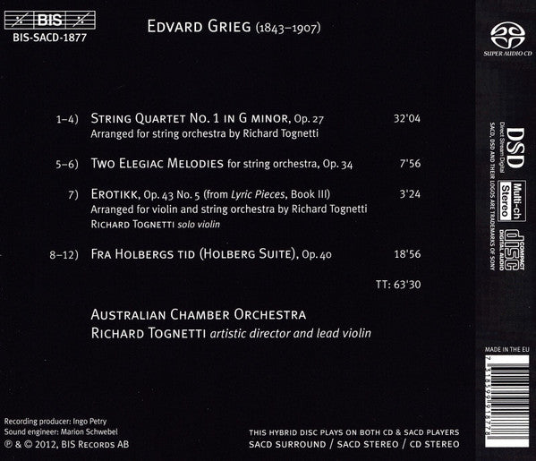 Edvard Grieg, Australian Chamber Orchestra, Richard Tognetti : Music For String Orchestra (SACD, Hybrid, Multichannel)