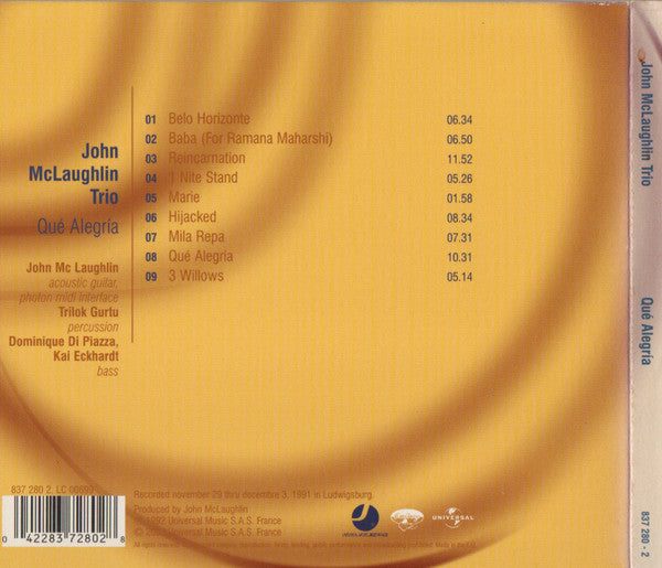 John McLaughlin Trio : Qué Alegría (CD, Album, RE, RM, Dig)
