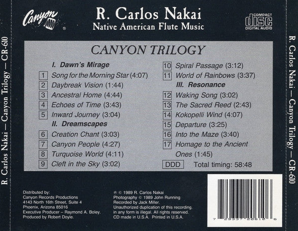 R. Carlos Nakai : Canyon Trilogy (Native American Flute Music) (CD, Album, RE)