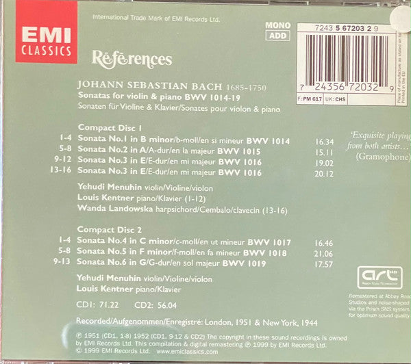 Bach*, Yehudi Menuhin, Louis Kentner, Wanda Landowska : Violin Sonatas (2xCD, Comp, Mono, RM)