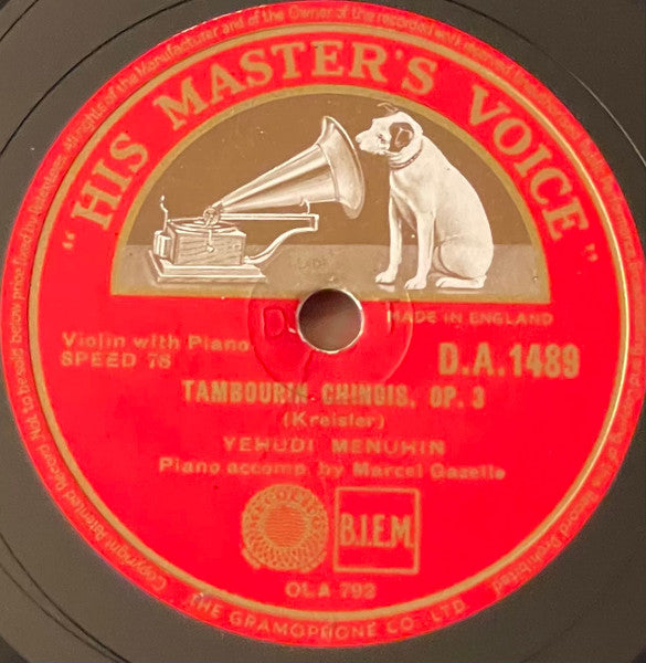 Yehudi Menuhin : Schön Rosmarin, Op. 55, No. 4 / Tambourin Chinois, Op. 3 (Shellac, 10", RP, DT)