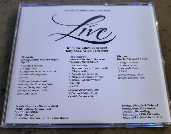Seattle Chamber Music Society, Antonín Dvořák, Ludwig van Beethoven, Walter Piston, Toby Saks : Live From The Lakeside School (CD)