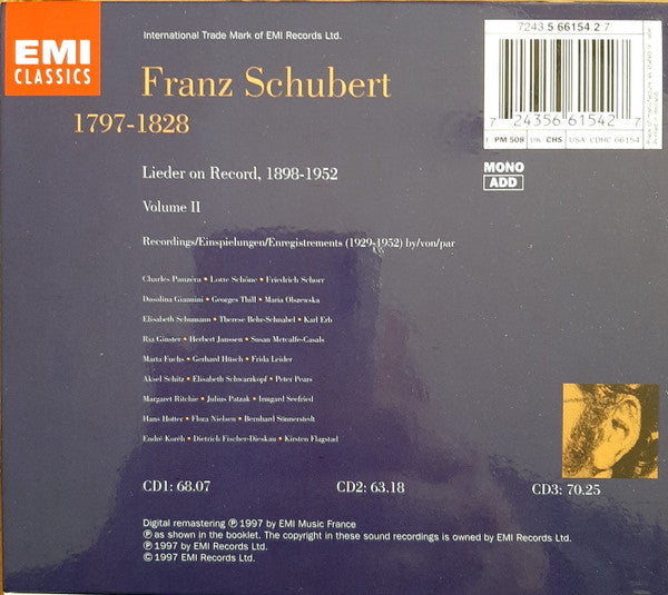 Franz Schubert : Schubert Lieder On Record 1898-1952, Volume II, 1929-1952 (3xCD, Comp, Mono, Box)