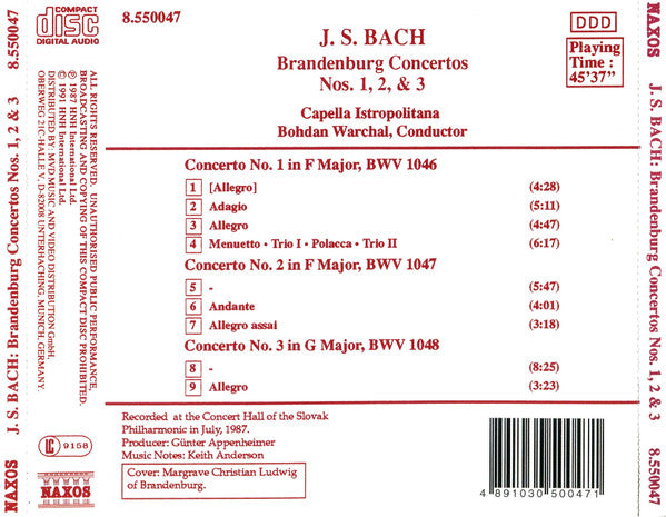 Johann Sebastian Bach - Capella Istropolitana, Bohdan Warchal : Brandenburg Concertos Nos. 1, 2 & 3 (CD)