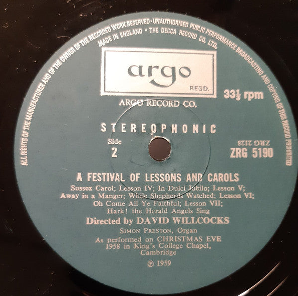 The King's College Choir Of Cambridge Directed By David Willcocks : A Festival Of Lessons And Carols (LP, RE)
