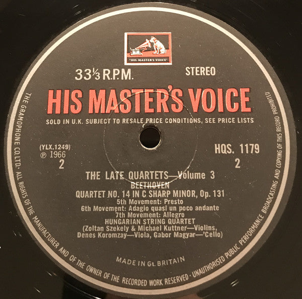 The Hungarian Quartet - Ludwig Van Beethoven : The Late Quartets - Volume 3: Quartet No. 14 In C Sharp Minor, Op. 131 (LP)