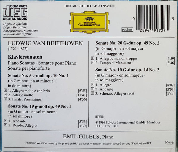 Emil Gilels : Beethoven - Klaviersonaten Nos.5-10-19&20 (CD)