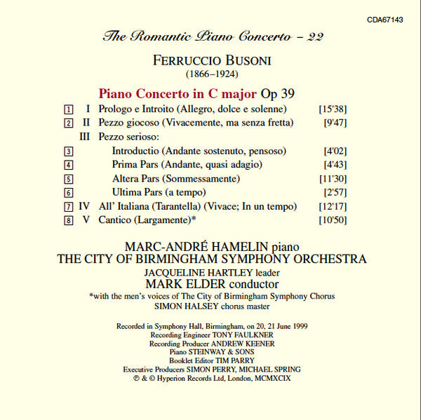 Busoni*, Marc-André Hamelin, City Of Birmingham Symphony Orchestra, Mark Elder (2) : Piano Concerto Op XXXIX (CD, Album)