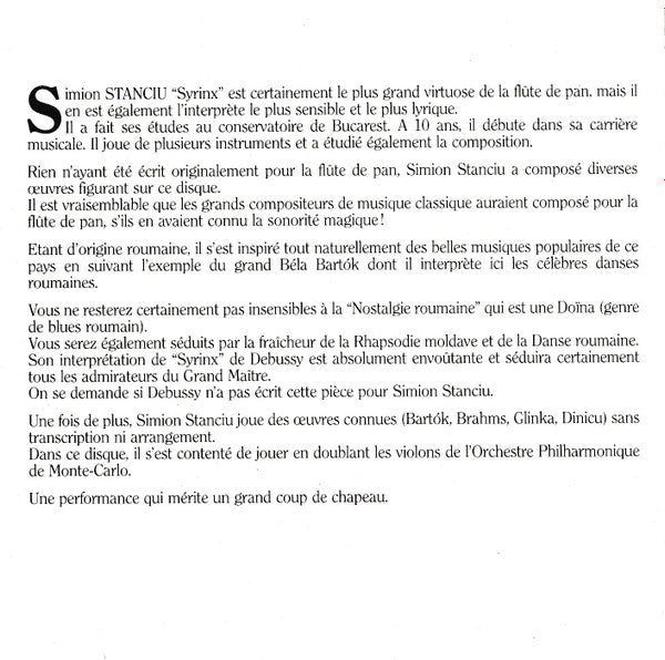 Simion Stanciu - Orchestre Philharmonique de Monte Carlo*, Claude Schnitzler : Simion Stanciu "Syrinx", Bartok, Brahms, Debussy, Stanciu (CD)