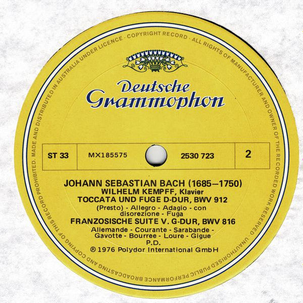 J.S.Bach* - Wilhelm Kempff : Französische Suite No.5 = French Suite, Englische Suite No.3 = English Suite, Toccata D-Dur = In D Major, Capriccio (LP)
