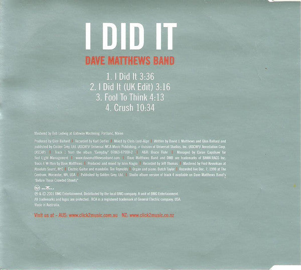 Dave Matthews Band : I Did It (CD, Single)