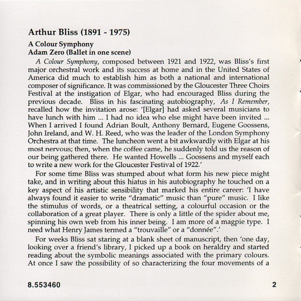Bliss* / English Northern Philharmonia, David Lloyd-Jones : A Colour Symphony • Adam Zero (CD, Album)