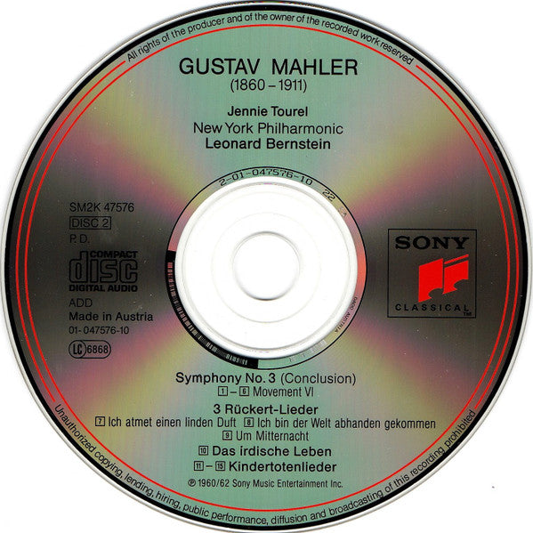 Gustav Mahler, New York Philharmonic, Leonard Bernstein, Jennie Tourel : Symphony No. 3 / Rückert Lieder / Kindertotenlieder (2xCD, Comp)