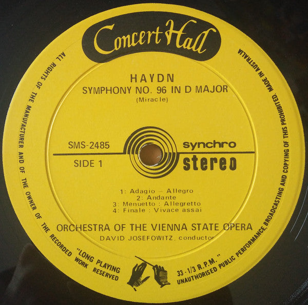Joseph Haydn, Orchester Der Wiener Staatsoper, David Josefowitz : Symphony No. 96, Symphony No. 102 (LP)
