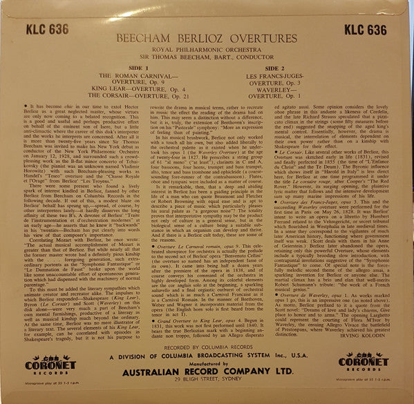Sir Thomas Beecham, Hector Berlioz : Berlioz Overtures (LP, Album, Mono)