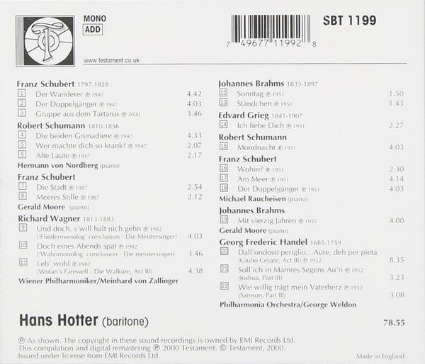 Hans Hotter : The Early EMI Recordings (CD, Album, Mono)