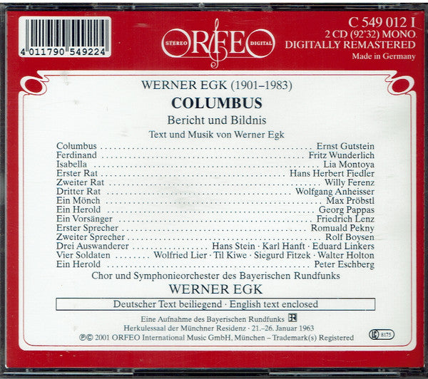 Werner Egk • Chor Des Bayerischen Rundfunks Und Symphonie-Orchester Des Bayerischen Rundfunks : Columbus (2xCD, Album, Mono, RM)