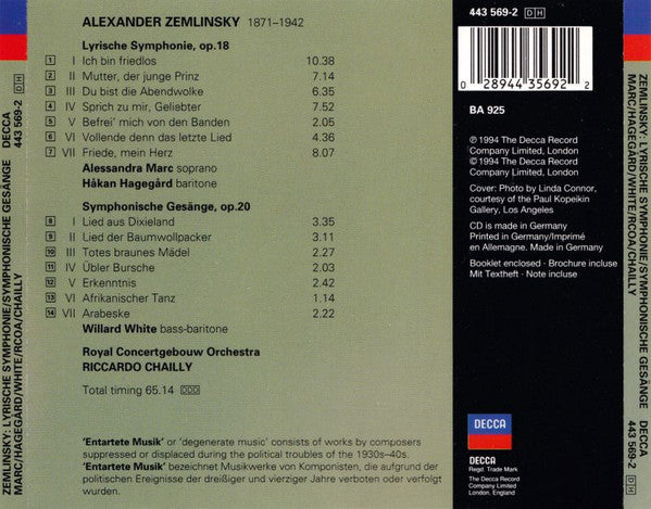 Zemlinsky* - Marc*, Hagegård*, White*, Royal Concertgebouw Orchestra*, Riccardo Chailly : Lyrische Symphonie · Symphonische Gesänge (CD, Album)