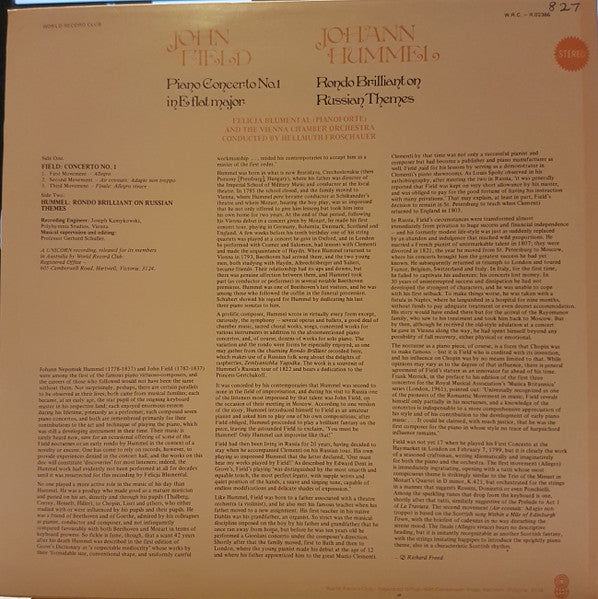 John Field (2), Johann Nepomuk Hummel, Helmuth Froschauer, Felicja Blumental : Piano Concerto No.1 In E Flat Major. Rondo Brilliant On Russian Themes (LP)