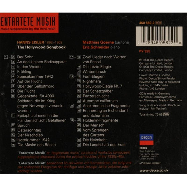 Eisler* - Matthias Goerne, Eric Schneider (2) : The Hollywood Songbook = Hollywood Liederbuch (CD, Album)