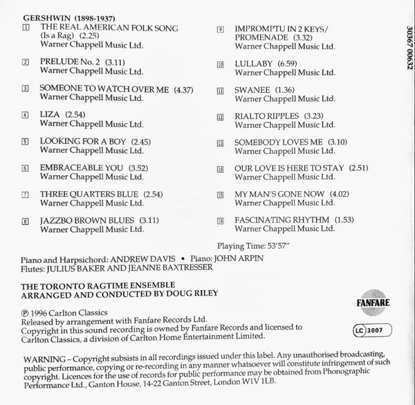 Doug Riley, The Toronto Ragtime Ensemble, Andrew Davis, John Arpin, Julius Baker, Jeanne Baxtresser : Gershwin Andrew Davis and Friends (CD, Album)